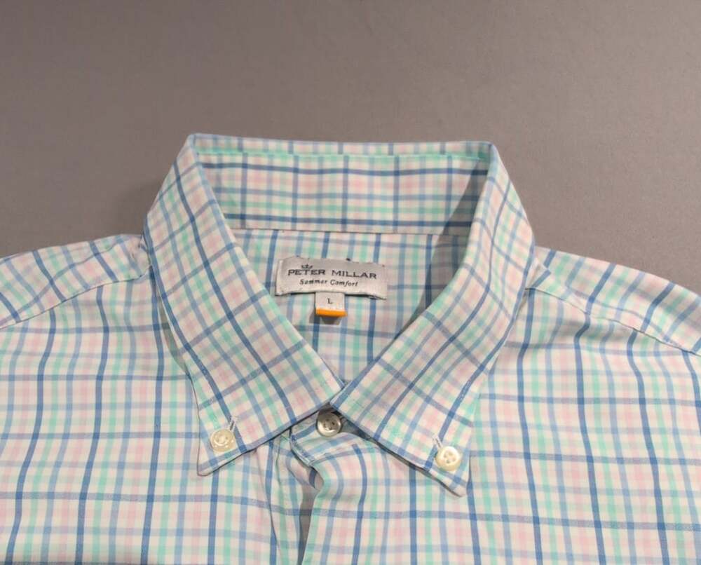 Peter Millar Summer Comfort Plaid Button-Down Shirt Size L Green Blue
